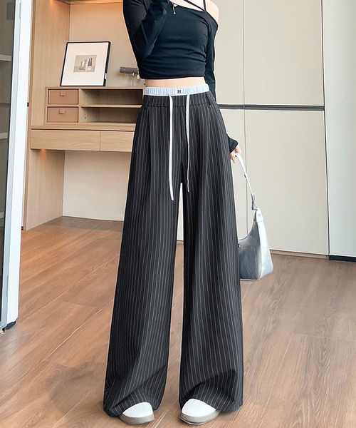 LAFFMO（ラフモ）の「ダブルウエストストライプワイドパンツ（その他パンツ・レディース・ブラック/グレー・F）」の7枚目の写真