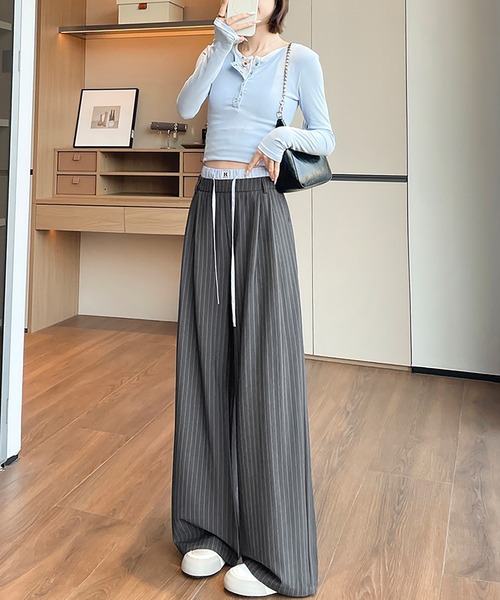LAFFMO（ラフモ）の「ダブルウエストストライプワイドパンツ（その他パンツ・レディース・ブラック/グレー・F）」の11枚目の写真