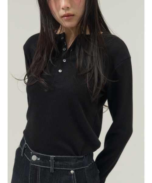 Sorry,Too Much Love(ソーリートゥーマッチラブ)の「Stretch Rib Jersey Button Placket Top_Black(Tシャツ/カットソー・レディース・その他・FREE)」の2枚目の写真
