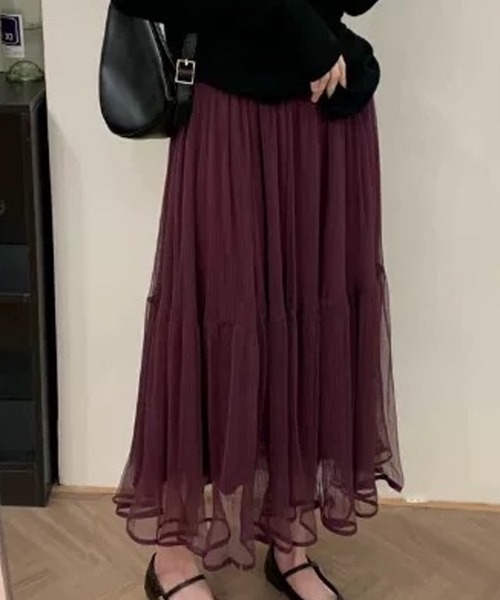 LUMIRA（アパレル）（ルミラ）の「Aライン ロングスカート チュールスカート（スカート・レディース・グリーン/ブラウン/アイボリー/ブラック/パープル・FREE）」の19枚目の写真