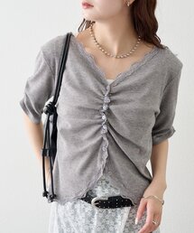 mystic | 【4色展開/柔らかリブ素材】半袖ギャザーリブカーディガン(Tシャツ/カットソー)