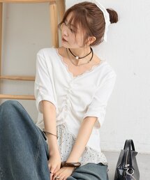 mystic | 【4色展開/柔らかリブ素材】半袖ギャザーリブカーディガン(Tシャツ/カットソー)