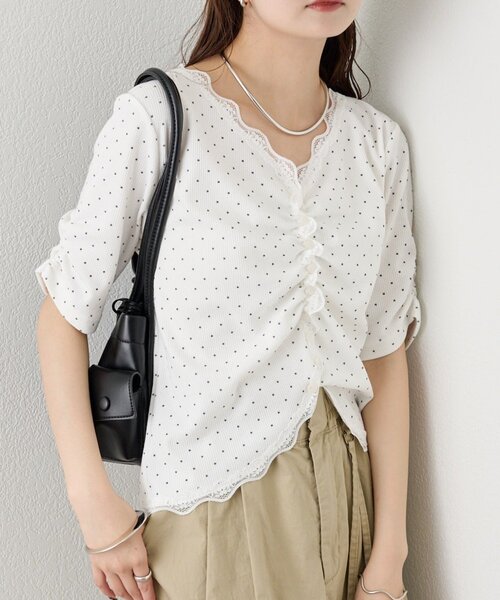 mystic(ミスティック)の「《4色展開/柔らかリブ素材》半袖ギャザーリブカーディガン(Tシャツ/カットソー・レディース・ホワイト系その他2/ホワイト系その他/グレー/オフホワイト・FREE)」の14枚目の写真