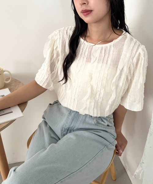 CLEA(クレア)の「フリルシアー半袖トップス(Tシャツ/カットソー・レディース・アイボリー/ブラック・FREE)」の1枚目の写真
