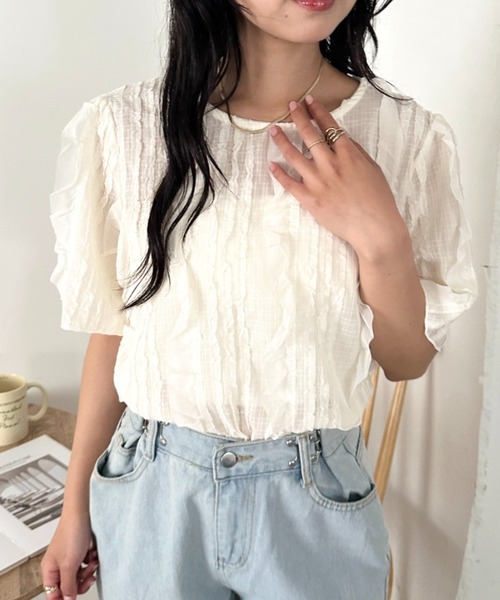 CLEA(クレア)の「フリルシアー半袖トップス(Tシャツ/カットソー・レディース・アイボリー/ブラック・FREE)」の3枚目の写真