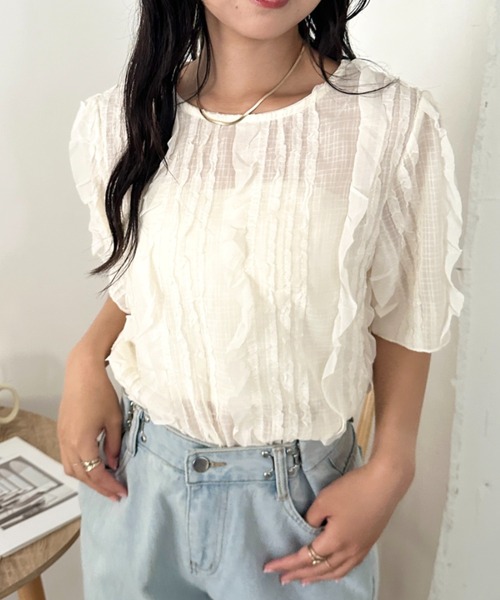 CLEA(クレア)の「フリルシアー半袖トップス(Tシャツ/カットソー・レディース・アイボリー/ブラック・FREE)」の4枚目の写真