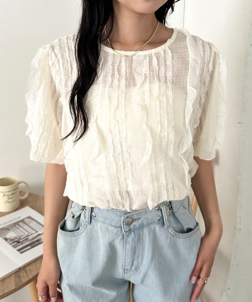 CLEA(クレア)の「フリルシアー半袖トップス(Tシャツ/カットソー・レディース・アイボリー/ブラック・FREE)」の5枚目の写真