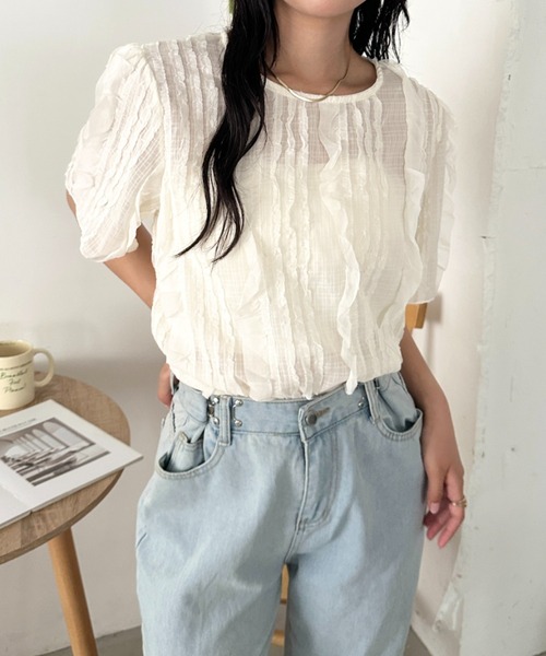 CLEA(クレア)の「フリルシアー半袖トップス(Tシャツ/カットソー・レディース・アイボリー/ブラック・FREE)」の6枚目の写真