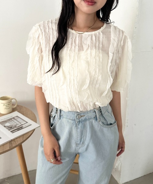 CLEA(クレア)の「フリルシアー半袖トップス(Tシャツ/カットソー・レディース・アイボリー/ブラック・FREE)」の7枚目の写真