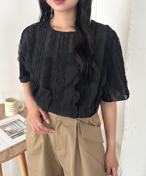 CLEA(クレア)の「フリルシアー半袖トップス(Tシャツ/カットソー・レディース・アイボリー/ブラック・FREE)」の8枚目の写真