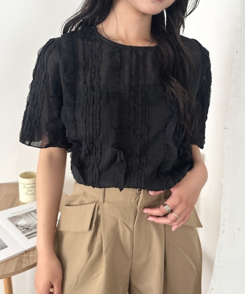 CLEA(クレア)の「フリルシアー半袖トップス(Tシャツ/カットソー・レディース・アイボリー/ブラック・FREE)」の9枚目の写真