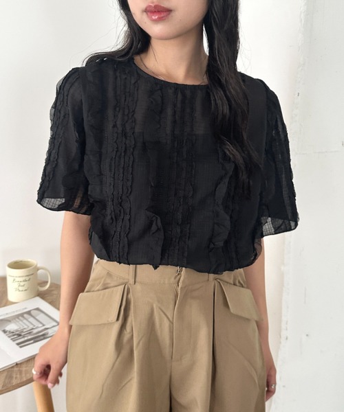 CLEA(クレア)の「フリルシアー半袖トップス(Tシャツ/カットソー・レディース・アイボリー/ブラック・FREE)」の10枚目の写真
