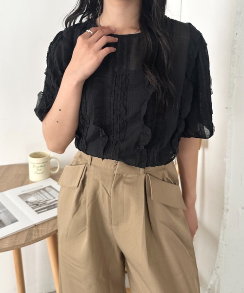 CLEA(クレア)の「フリルシアー半袖トップス(Tシャツ/カットソー・レディース・アイボリー/ブラック・FREE)」の11枚目の写真