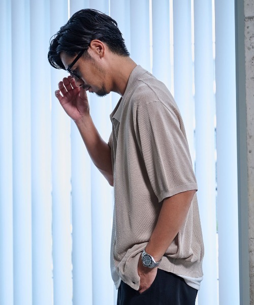 CavariA(キャバリア)の「『CavariA/キャバリア』14G接触冷感鹿の子編みルーズサイズ半袖ポロカーディガン(カーディガン/ボレロ・メンズ・ブラック/チャコール/グレイッシュベージュ・M/L)」の10枚目の写真