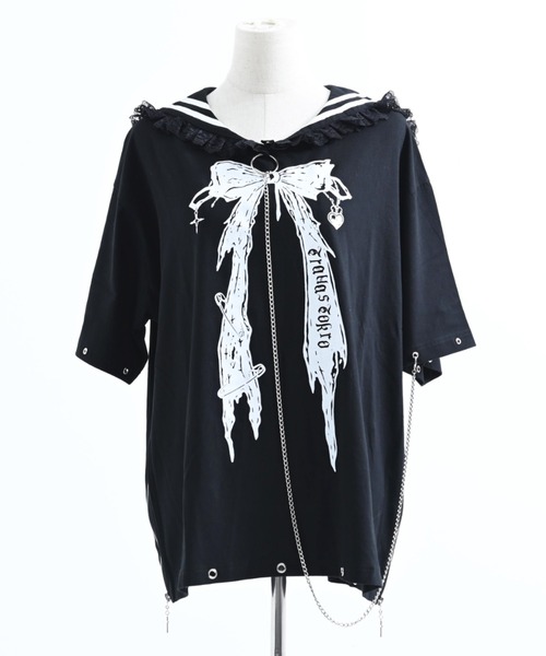 TRAVAS TOKYO(トラバス トウキョウ)の「『TRAVAS TOKYO/トラバス トーキョー』レース使いセーラーカラーTシャツ(Tシャツ/カットソー・レディース・ブラック/ホワイト×ブラック・FREE)」の16枚目の写真