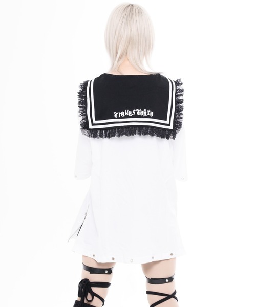 TRAVAS TOKYO(トラバス トウキョウ)の「『TRAVAS TOKYO/トラバス トーキョー』レース使いセーラーカラーTシャツ(Tシャツ/カットソー・レディース・ブラック/ホワイト×ブラック・FREE)」の12枚目の写真