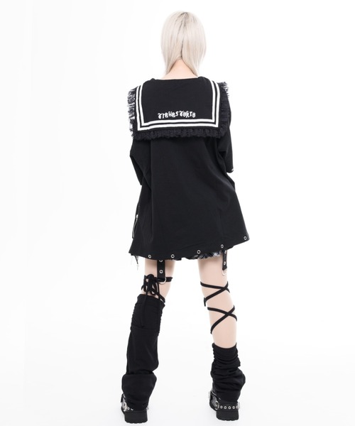 TRAVAS TOKYO(トラバス トウキョウ)の「『TRAVAS TOKYO/トラバス トーキョー』レース使いセーラーカラーTシャツ(Tシャツ/カットソー・レディース・ブラック/ホワイト×ブラック・FREE)」の6枚目の写真