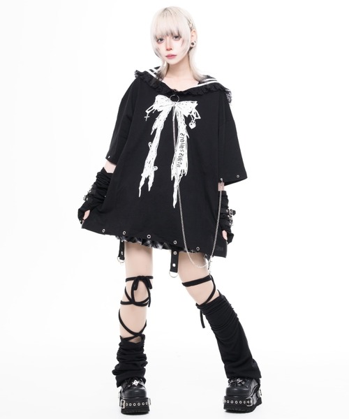 TRAVAS TOKYO(トラバス トウキョウ)の「『TRAVAS TOKYO/トラバス トーキョー』レース使いセーラーカラーTシャツ(Tシャツ/カットソー・レディース・ブラック/ホワイト×ブラック・FREE)」の3枚目の写真