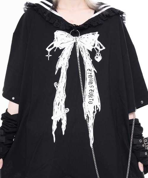 TRAVAS TOKYO(トラバス トウキョウ)の「『TRAVAS TOKYO/トラバス トーキョー』レース使いセーラーカラーTシャツ(Tシャツ/カットソー・レディース・ブラック/ホワイト×ブラック・FREE)」の7枚目の写真