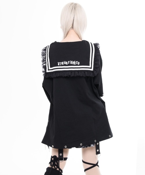 TRAVAS TOKYO(トラバス トウキョウ)の「『TRAVAS TOKYO/トラバス トーキョー』レース使いセーラーカラーTシャツ(Tシャツ/カットソー・レディース・ブラック/ホワイト×ブラック・FREE)」の5枚目の写真