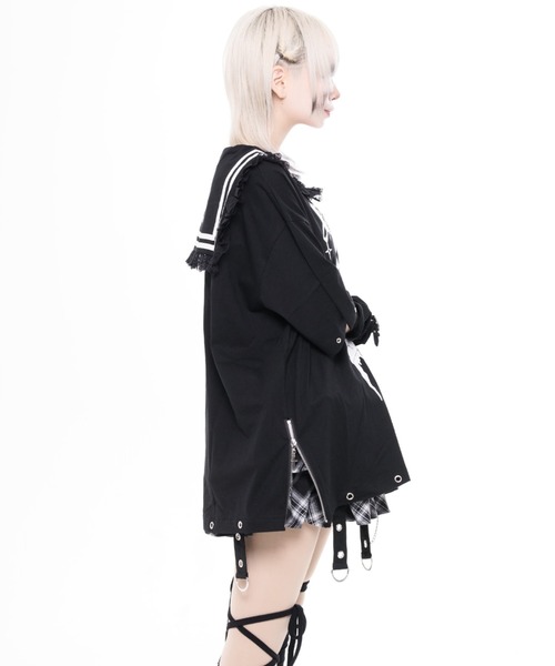 TRAVAS TOKYO(トラバス トウキョウ)の「『TRAVAS TOKYO/トラバス トーキョー』レース使いセーラーカラーTシャツ(Tシャツ/カットソー・レディース・ブラック/ホワイト×ブラック・FREE)」の4枚目の写真
