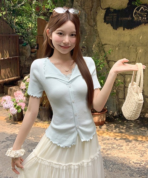 Girly Doll（ガーリードール）の「レースVネックメロウニット（ニット/セーター・レディース・ベージュ/ピンク/ブルー・FREE）」の9枚目の写真