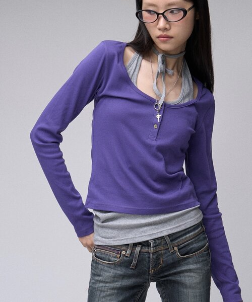 sloppy（スロッピー）の「【SLOPPY】 ヘンリーネックL/Sトップス（Tシャツ/カットソー・レディース・グレー/ブラウン/パープル/ブラック・FREE）」の4枚目の写真