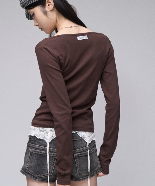 sloppy（スロッピー）の「【SLOPPY】 ヘンリーネックL/Sトップス（Tシャツ/カットソー・レディース・グレー/ブラウン/パープル/ブラック・FREE）」の3枚目の写真