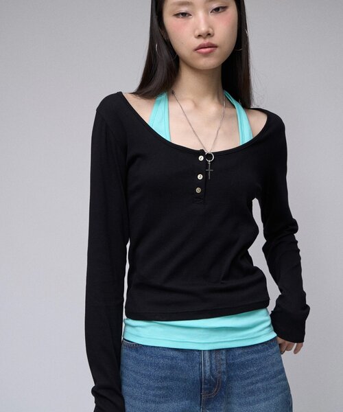 sloppy（スロッピー）の「【SLOPPY】 ヘンリーネックL/Sトップス（Tシャツ/カットソー・レディース・グレー/ブラウン/パープル/ブラック・FREE）」の6枚目の写真