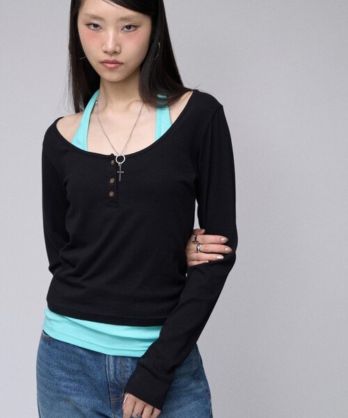 sloppy（スロッピー）の「【SLOPPY】 ヘンリーネックL/Sトップス（Tシャツ/カットソー・レディース・グレー/ブラウン/パープル/ブラック・FREE）」の7枚目の写真