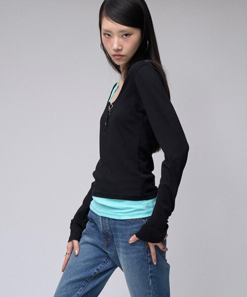 sloppy（スロッピー）の「【SLOPPY】 ヘンリーネックL/Sトップス（Tシャツ/カットソー・レディース・グレー/ブラウン/パープル/ブラック・FREE）」の8枚目の写真