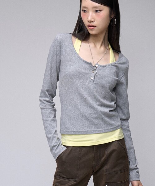 sloppy（スロッピー）の「【SLOPPY】 ヘンリーネックL/Sトップス（Tシャツ/カットソー・レディース・グレー/ブラウン/パープル/ブラック・FREE）」の12枚目の写真