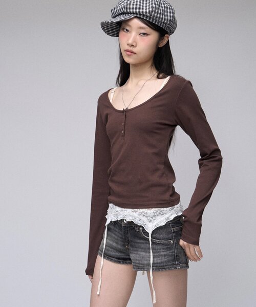 sloppy（スロッピー）の「【SLOPPY】 ヘンリーネックL/Sトップス（Tシャツ/カットソー・レディース・グレー/ブラウン/パープル/ブラック・FREE）」の20枚目の写真