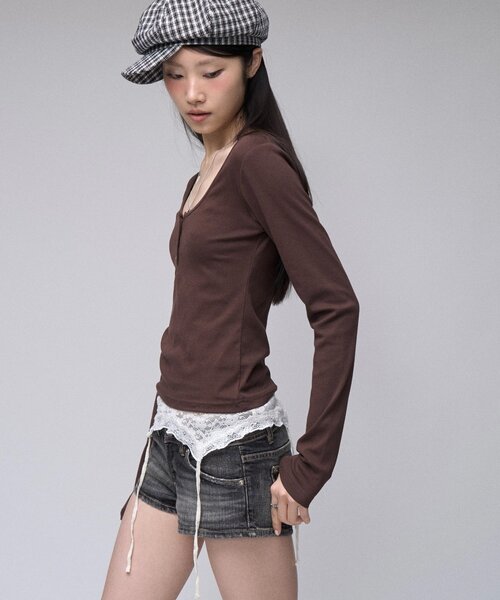 sloppy（スロッピー）の「【SLOPPY】 ヘンリーネックL/Sトップス（Tシャツ/カットソー・レディース・グレー/ブラウン/パープル/ブラック・FREE）」の21枚目の写真