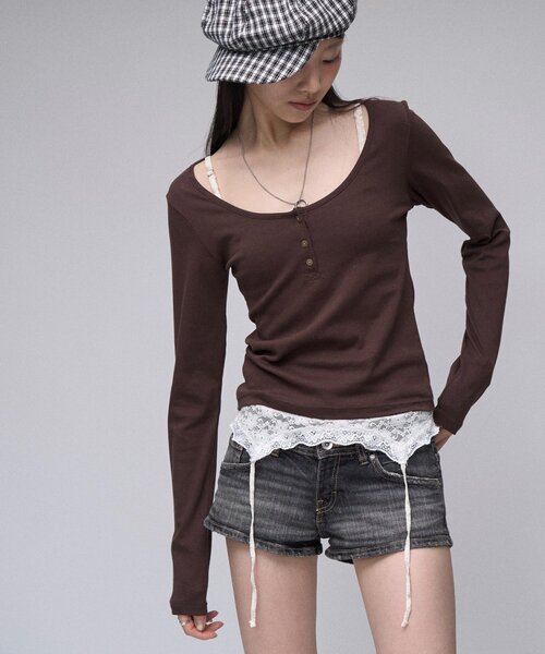 sloppy（スロッピー）の「【SLOPPY】 ヘンリーネックL/Sトップス（Tシャツ/カットソー・レディース・グレー/ブラウン/パープル/ブラック・FREE）」の22枚目の写真