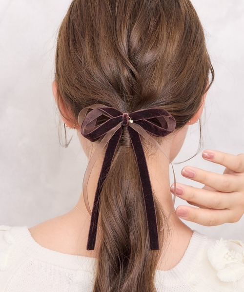 セール】ベロア×オーガンジーロングリボンヘアカフ ポニーフック