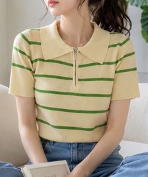 ボーダー柄×衿付きで大人カジュアルに 半袖ボーダーポロニット