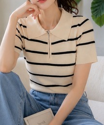 ボーダー柄×衿付きで大人カジュアルに 半袖ボーダーポロニット