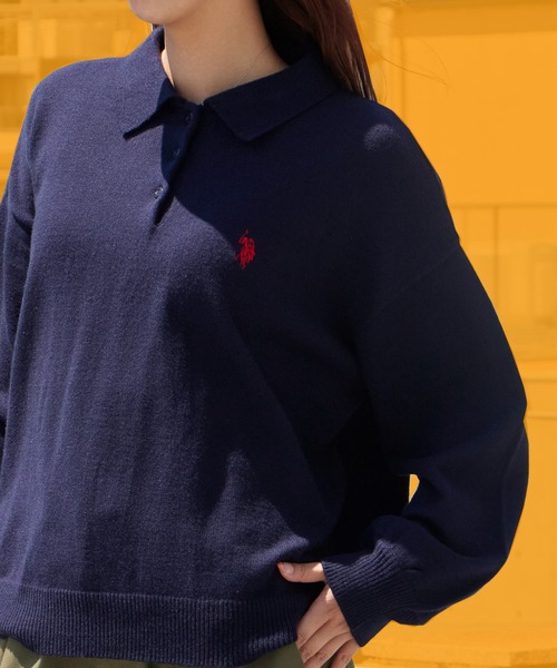 U.S. POLO ASSN.(ユーエスポロアッスン)の「U.S. POLO ASSN./ユーエスポロアッスン JQポロニット ジャガードニット カジュアル ワンポイント刺繍 ボタン付きニット ボーダー柄 2026秋冬 秋服(ニット/セーター・レディース・アイボリー/モカ/ネイビー/サックスブルー/ピンク・M/L)」の3枚目の写真