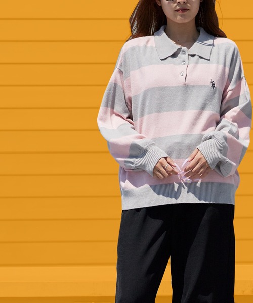 U.S. POLO ASSN.(ユーエスポロアッスン)の「U.S. POLO ASSN./ユーエスポロアッスン JQポロニット ジャガードニット カジュアル ワンポイント刺繍 ボタン付きニット ボーダー柄 2026秋冬 秋服(ニット/セーター・レディース・アイボリー/モカ/ネイビー/サックスブルー/ピンク・M/L)」の5枚目の写真
