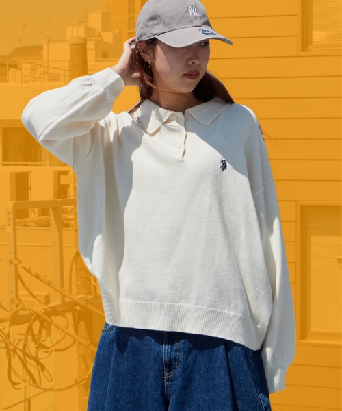 U.S. POLO ASSN.(ユーエスポロアッスン)の「U.S. POLO ASSN./ユーエスポロアッスン JQポロニット ジャガードニット カジュアル ワンポイント刺繍 ボタン付きニット ボーダー柄 2026秋冬 秋服(ニット/セーター・レディース・アイボリー/モカ/ネイビー/サックスブルー/ピンク・M/L)」の1枚目の写真