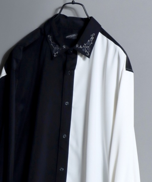 ANPAS（アンパス）の「Rose-Embroidered Collar & Cuffs Drapey Shirt / 襟袖バラ刺繍とろみシャツ 花 薔薇 長袖レギュラーカラーシャツ トップス メンズ 秋冬（シャツ/ブラウス・メンズ・ホワイト/ワイン/ブラック/ホワイト×ブラック・M/L）」の2枚目の写真