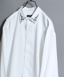Rose-Embroidered Collar & Cuffs Drapey Shirt / 襟袖バラ刺繍とろみシャツ 花 薔薇 長袖レギュラーカラーシャツ トップス メンズ 秋冬