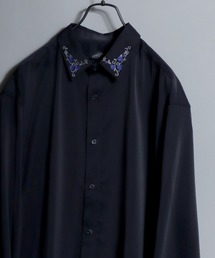 Rose-Embroidered Collar & Cuffs Drapey Shirt / 襟袖バラ刺繍とろみシャツ 花 薔薇 長袖レギュラーカラーシャツ トップス メンズ 秋冬