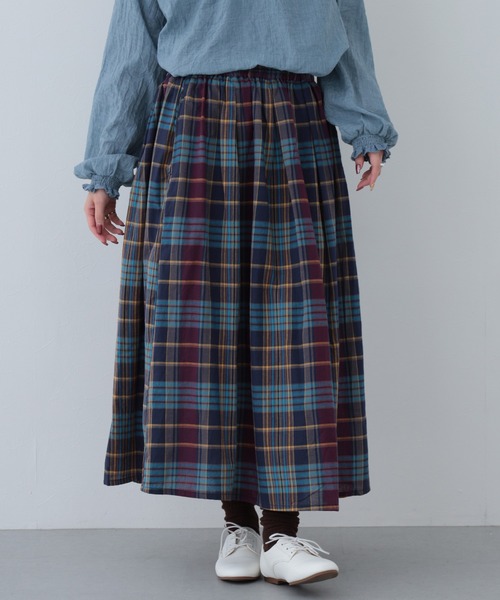 FUNALIVE（ファンアライブ）の「26AW マドラスチェックタック入りギャザースカート（スカート・レディース・ネイビー/グリーン・M-L）」の13枚目の写真