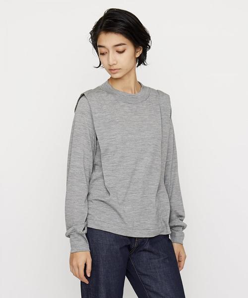 EN ROUTE(アンルート)の「ウォッシャブルウールボックスプリーツカットソー ◆(Tシャツ/カットソー・レディース・オフホワイト/ブラック/ライトグレー・FREE)」の1枚目の写真