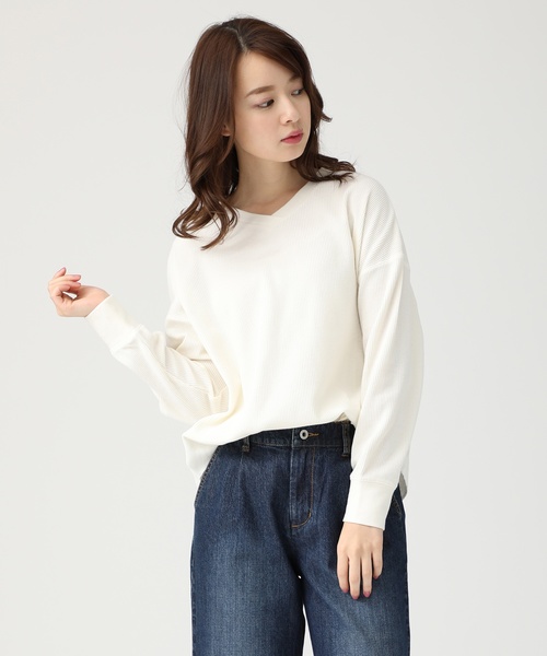 Honeys（ハニーズ）の「ワッフルプルオーバー（Tシャツ/カットソー・レディース・オフホワイト/ホワイト×ネイビー/ブラック/ピンク/杢グレー・L/M/S）」の2枚目の写真