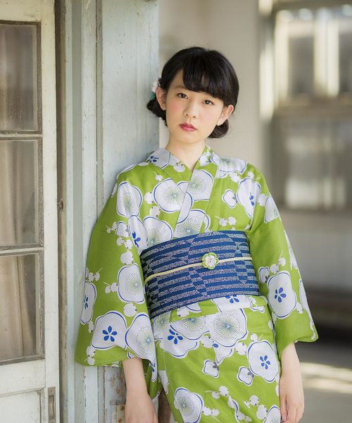 グリーン　縞模様　半幅帯　浴衣 綿仕立て上がり浴衣＋半幅帯 2点セット よろけ縞に菊｜浴衣