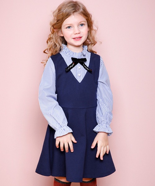 キッズ ワンピース ネックリボンのストライプ柄ブラウスレイヤード風ワンピース ワンピース ワンピース ドレス Jelispoon ジェリスプーン の ワンピース キッズ Jelispoon ジェリスプーン のファッション 買取 強化