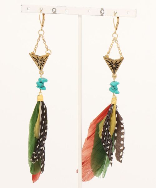 チャイハネ（チャイハネ）の「【チャイハネ】ボヘミアンフェザーロングピアス（ピアス（両耳用）・レディース・オレンジ/ターコイズブルー/ブラウン・FREE）」の3枚目の写真